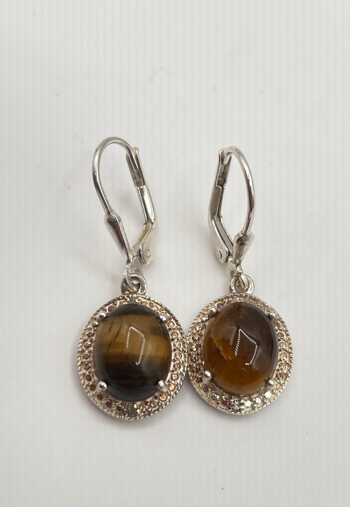 925 Sterling Silver Tiger's Eye Cabochon Leverback Drop Earrings 3.6g