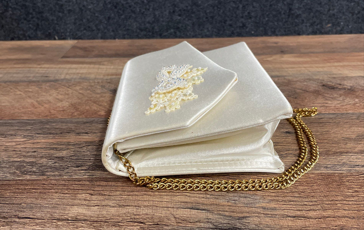 Vintage 90s Dyeables Cream Satin Beaded Lace Bow Evening Bag Clutch Gold Chain