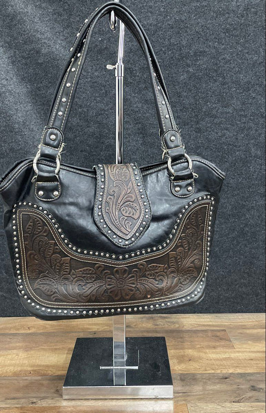 Montana West Black Brown Tooled Leather Western Studded Shoulder Tote Bag