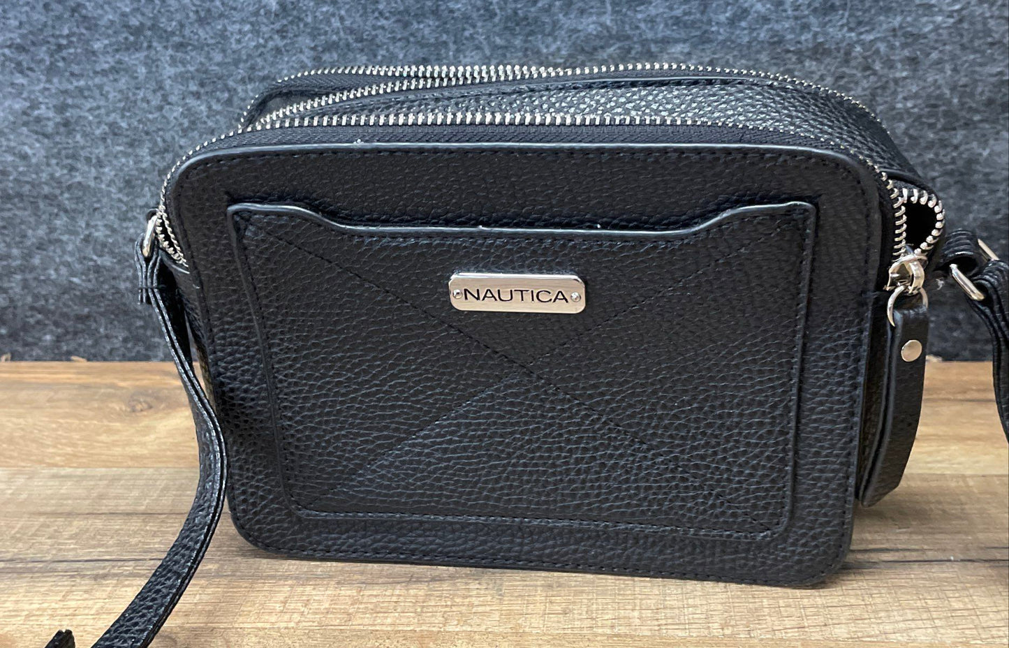 Nautica Black Pebbled Leather Camera Crossbody Bag Silver Hardware