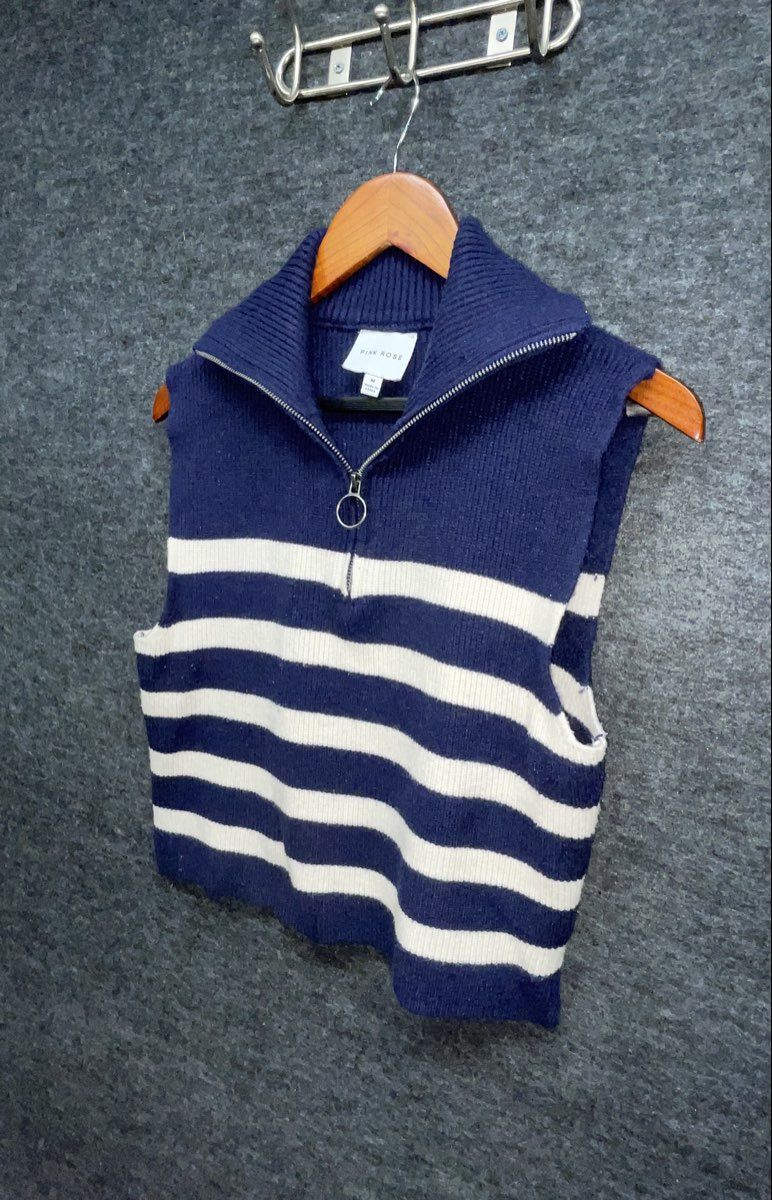 Pink Rose Women's Navy Blue Striped 1/4 Zip Sweater Vest Wide Leg Pant Set Sz M