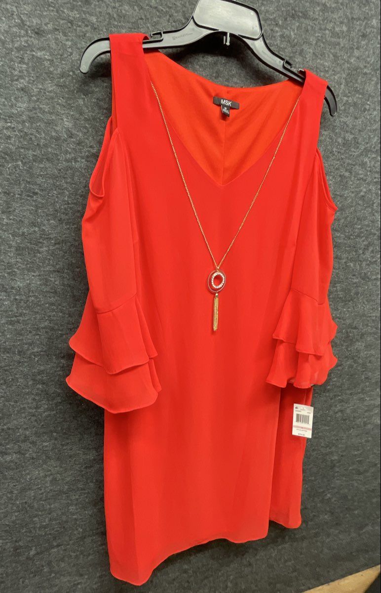 MSK Women's Red Cold Shoulder Ruffle Sleeve Dress Style Setter Necklace 10 NWT