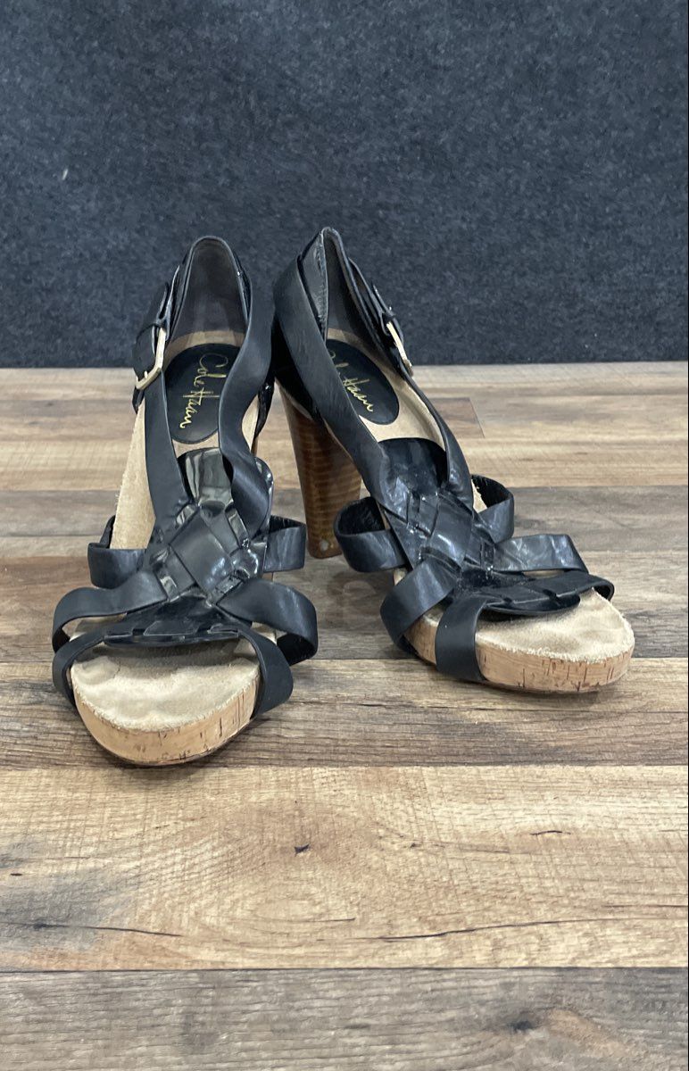 Cole Haan Black Leather Strappy Cork Platform Wood Block Heel Sandals Size 9.5B