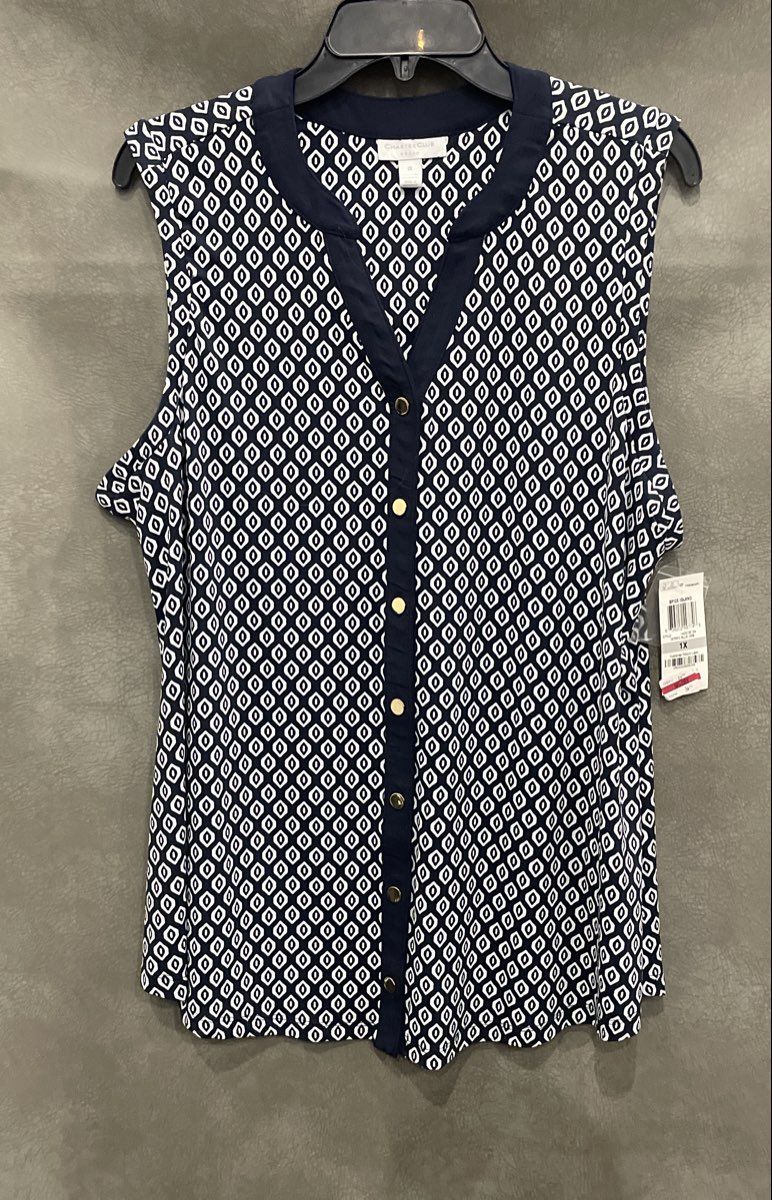 Charter Club Women's Navy Blue Geometric Sleeveless Button Front Top Sz 1X NWT