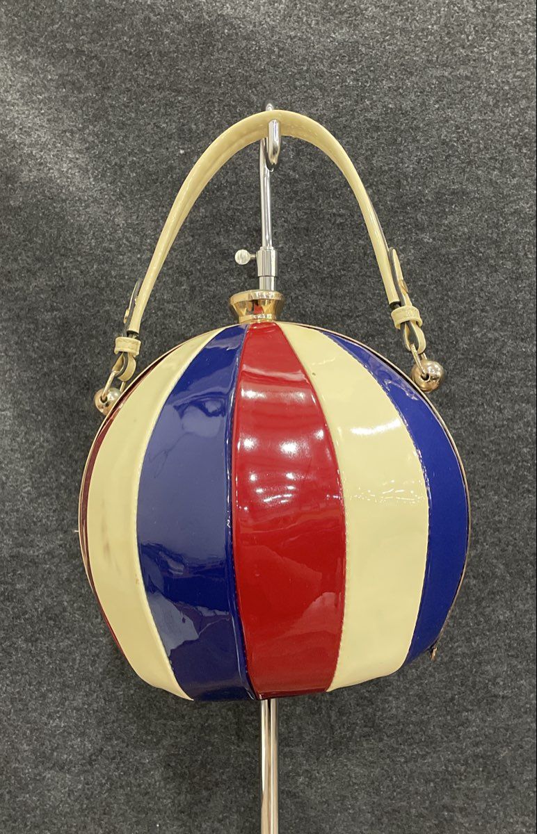 Red White Blue Striped Latex Ball Shaped Purse Sphere Bag Gold Tone Hardware