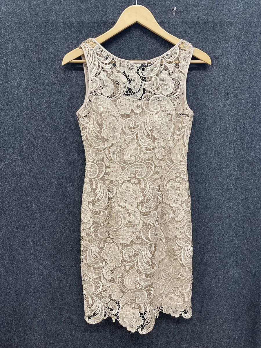 Vintage Y2K Cache Women's Champagne Floral Guipure Lace Sheath Dress Sz 2