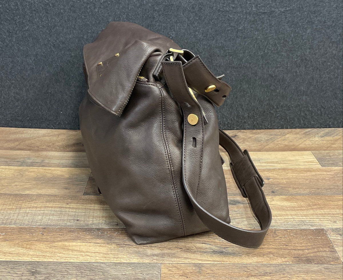 Kenneth Cole New York Brown Leather Foldover Crossbody Shoulder Bag Large Gold
