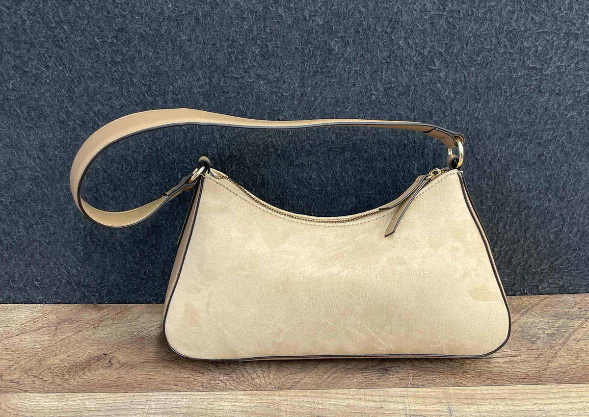 Nine West Tan Faux Suede Shoulder Bag Handbag Gold Hardware Purse