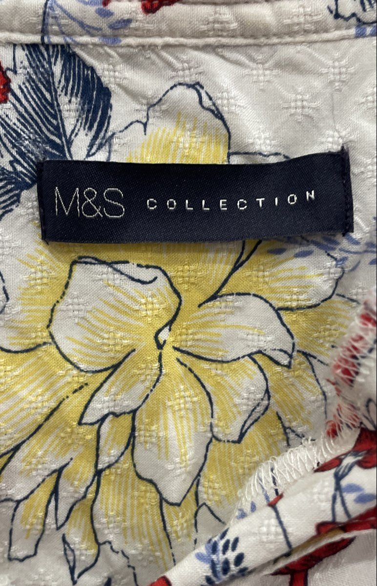 M&S Collection Women's White Floral V-Neck Tie 3/4 Sleeve Blouse Sz 16