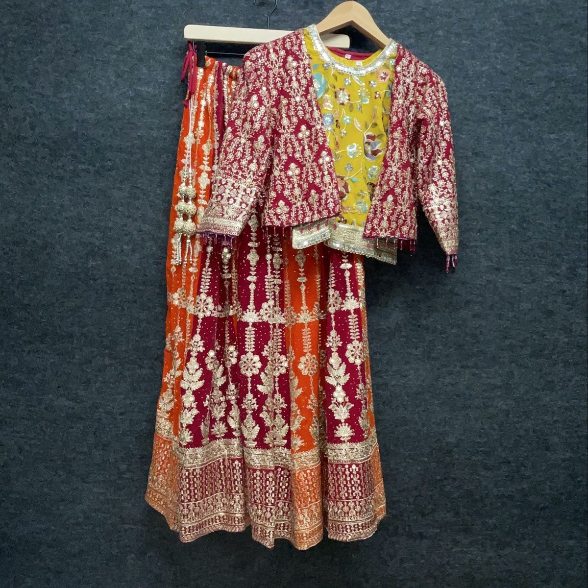 Girls Indian Lehenga Choli 3-Piece Set Orange Magenta Yellow Embroidered Sz 5