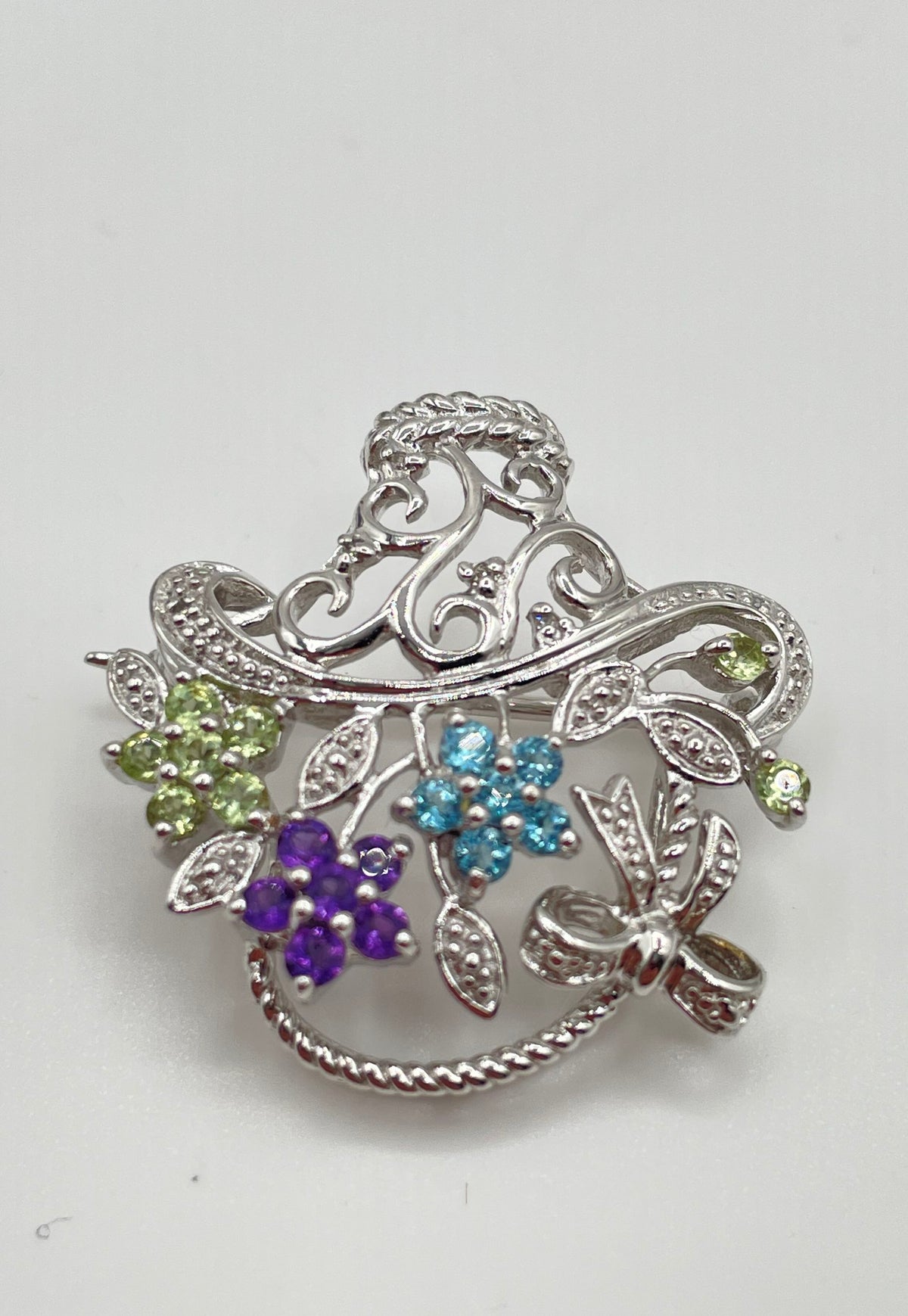 925 Sterling Multicolor Stone Flower Basket Brooch Pin Mixed Metal Back 5.3g