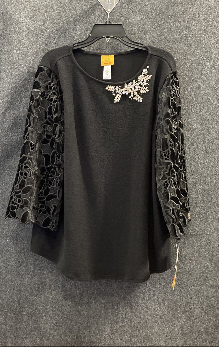 Ruby Rd. Women's Black Berry Glam Embellished Lace Sleeve Top Sz XL NWT