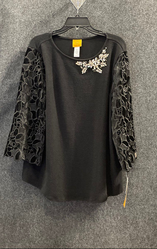 Ruby Rd. Women's Black Berry Glam Embellished Lace Sleeve Top Sz XL NWT