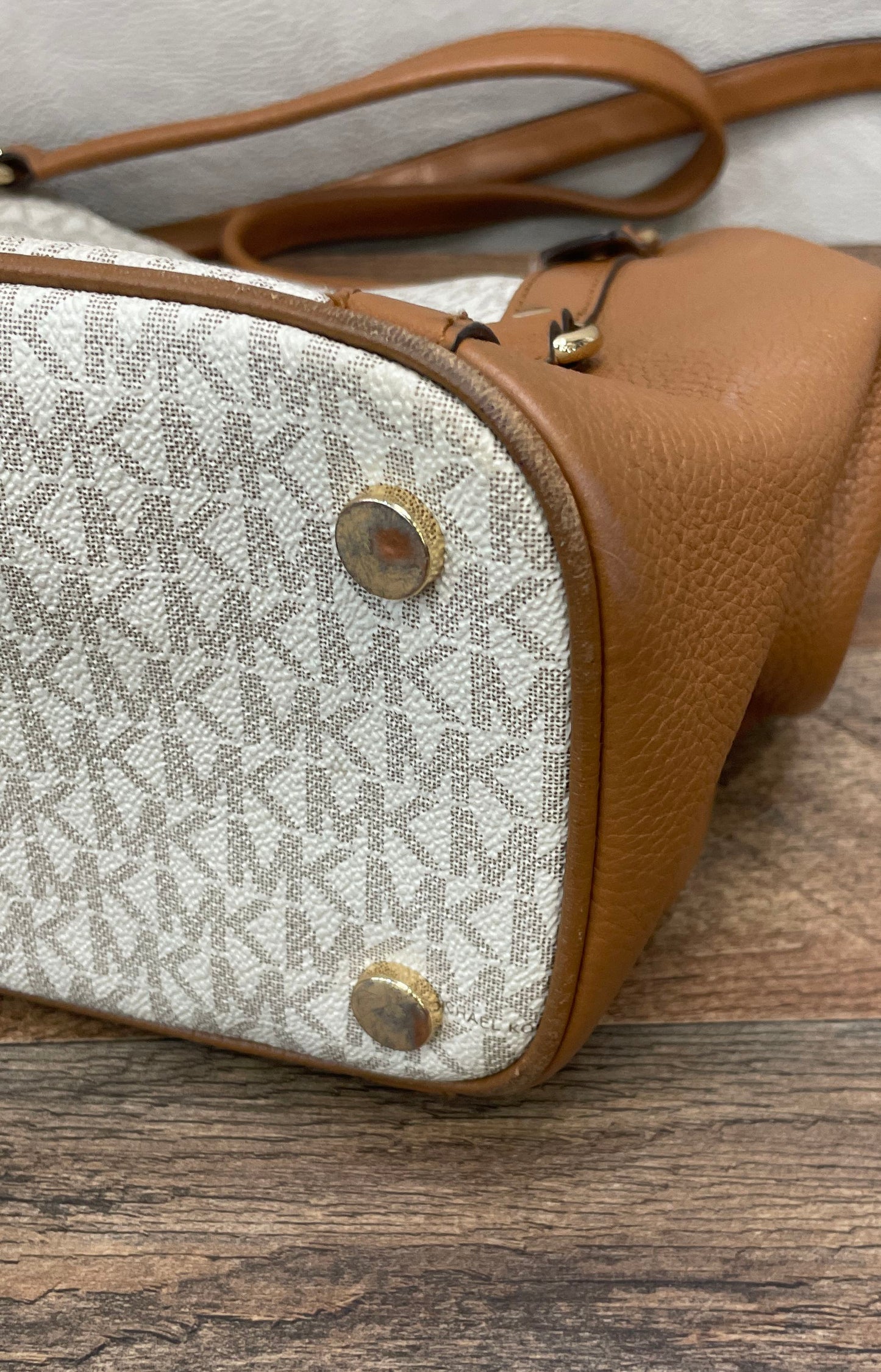 Michael Kors Brown White Monogram Signature Canvas Tote Bag Gold Hardware