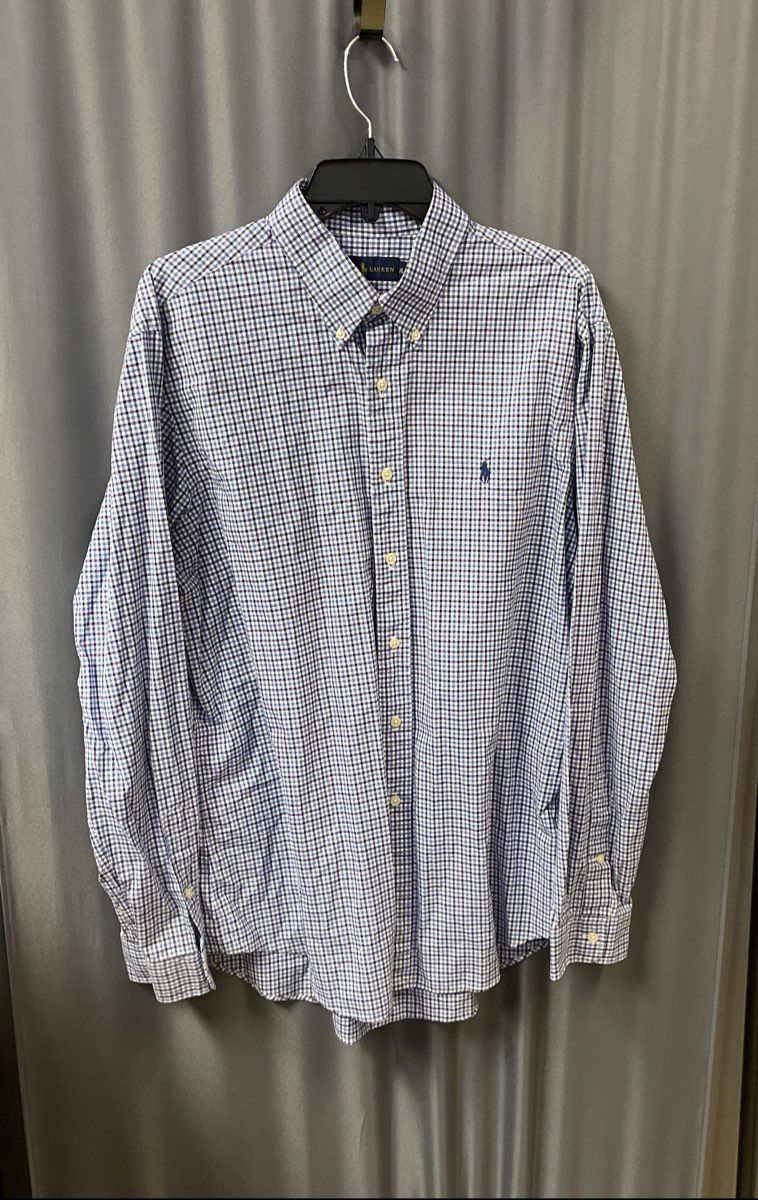 Lauren Ralph Lauren Women's Blue White Gingham Button Down Cotton Shirt Sz XL