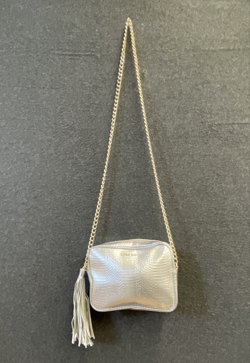 Victoria's Secret Silver Metallic Embossed Crossbody Bag Gold Chain Tassel