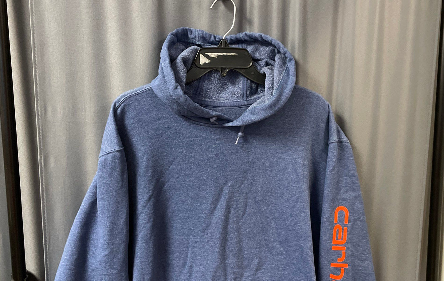 Carhartt Men's Blue Original Fit Pullover Hoodie Orange Sleeve Logo Size L