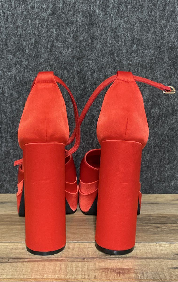 Fashion Nova Red Satin Platform Block Heel Ankle Strap Sandals Size 10