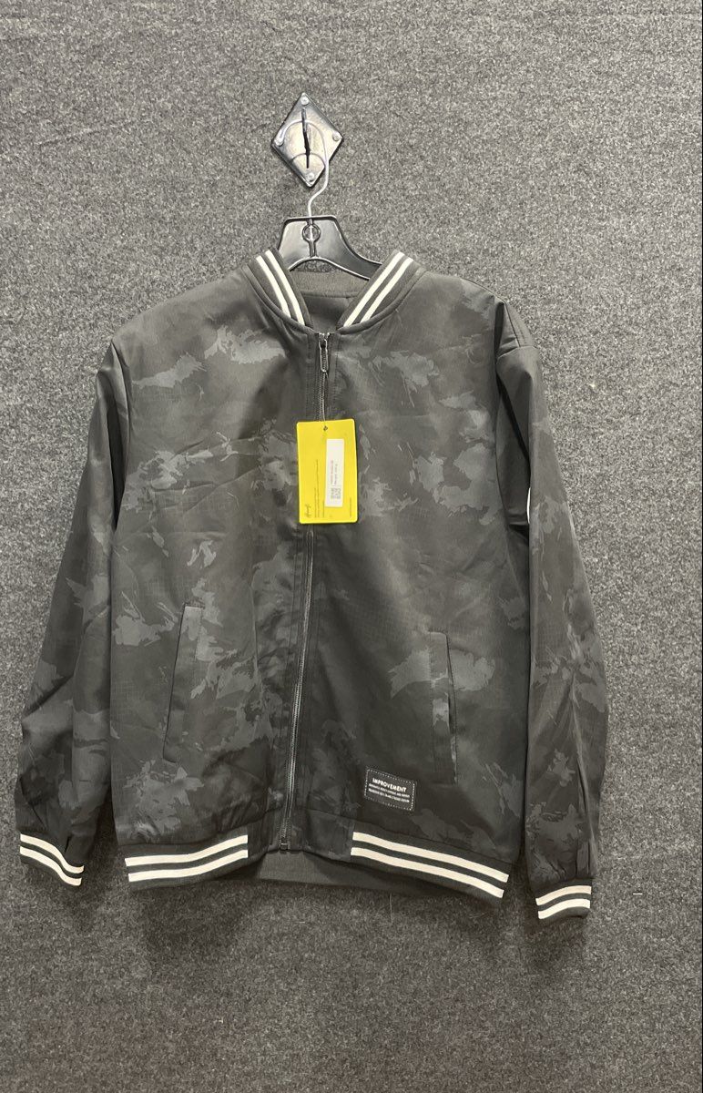 Men's Black Camo Bomber Jacket Striped Ribbed Trim Full Zip Pockets NWT