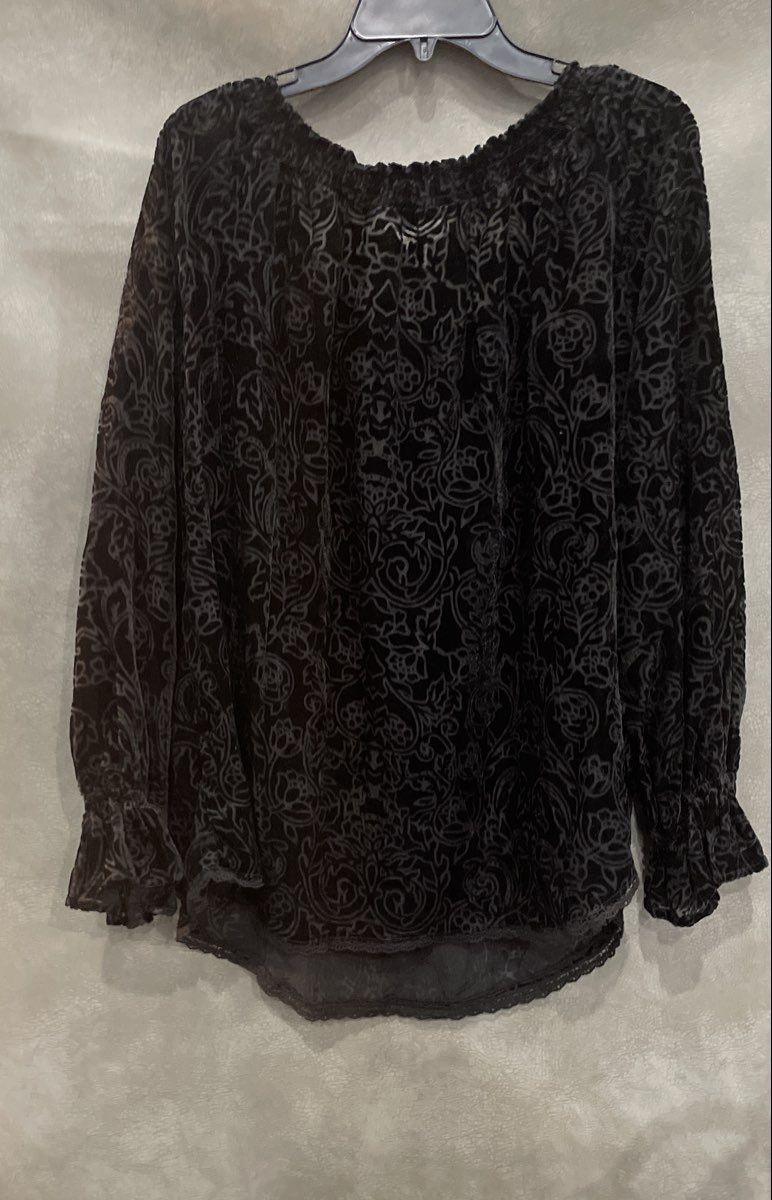 Tantrums Women's Black Burnout Velvet Floral Damask Blouse Ruffle Cuffs Sz XL