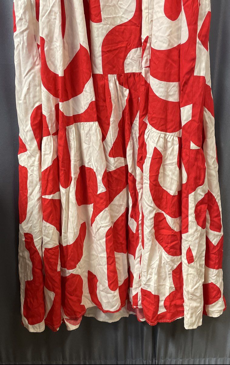 Abel the Label Women's Cream Red Abstract Print Tiered Rayon Maxi Dress Sz S