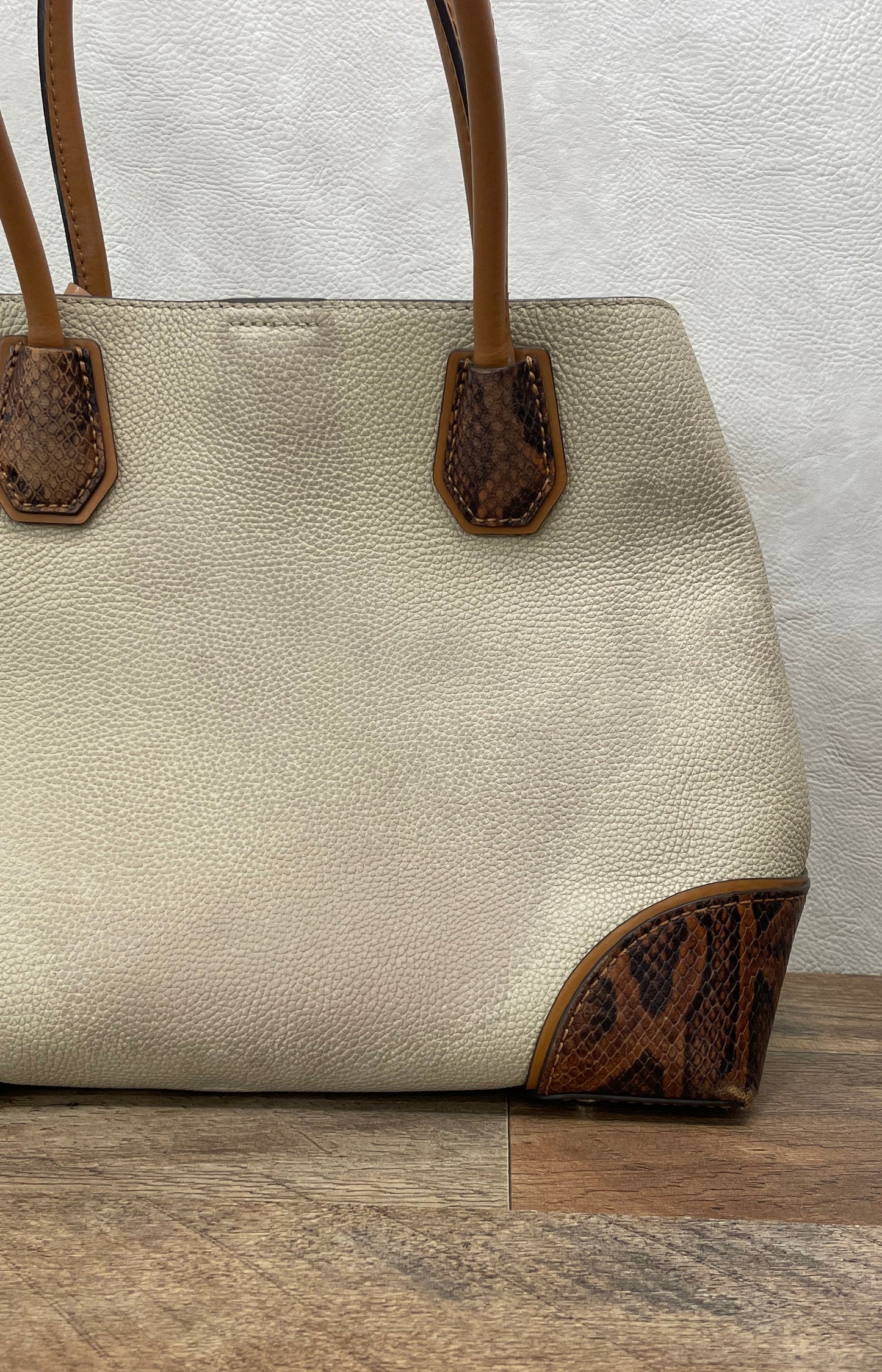 Michael Kors Cream Pebbled Leather Snakeskin Embossed Tote Bag Gold Hardware