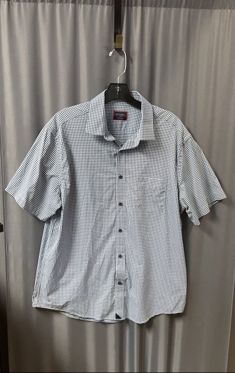 UNTUCKit Men's Blue White Gingham Plaid Short Sleeve Button Down Shirt Sz L
