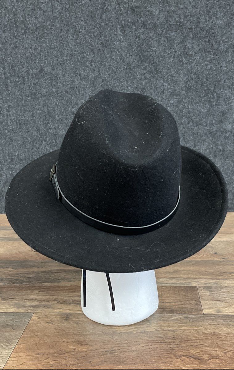 Gelso Bianco Unisex Black Felt Fedora Hat Wide Brim Belted Made in Italy