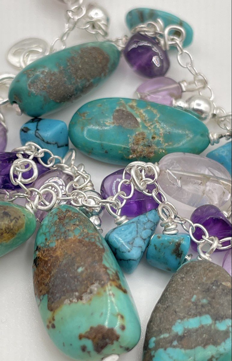 925 Sterling Silver Turquoise & Amethyst Charm Bracelet 16.5g