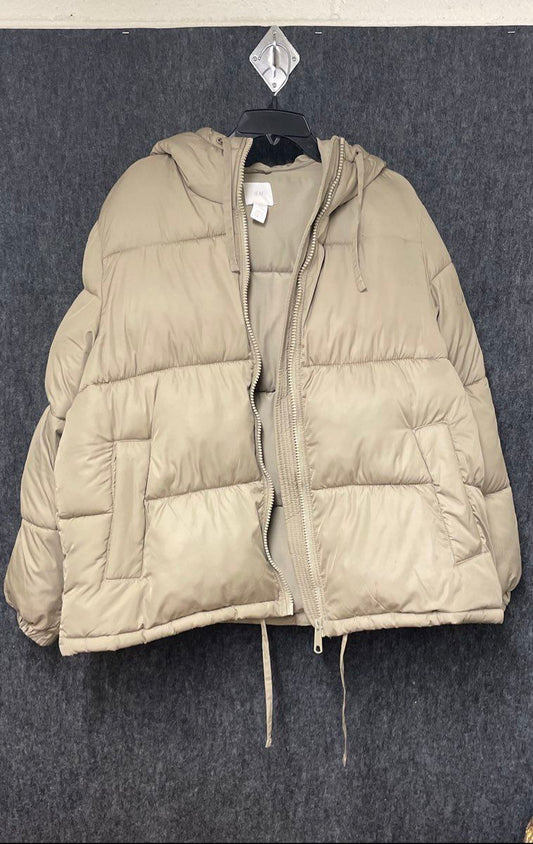 H&M Women's Tan Hooded Puffer Jacket Quilted Drawstring Hem Sz M