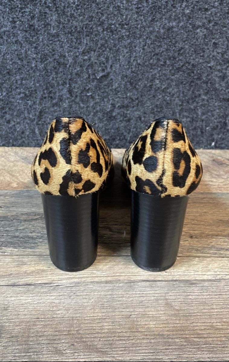 Franco Sarto Palma Leopard Calf Hair Pointed Toe Block Heel Pumps Size 6W