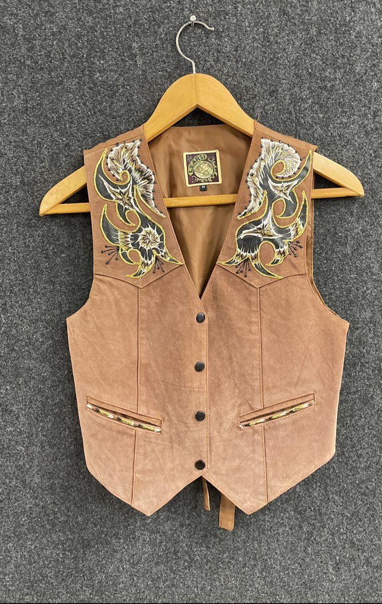 Learsi Women's Tan Brown Painted Glitter Western Artistic Suede Vest Sz M