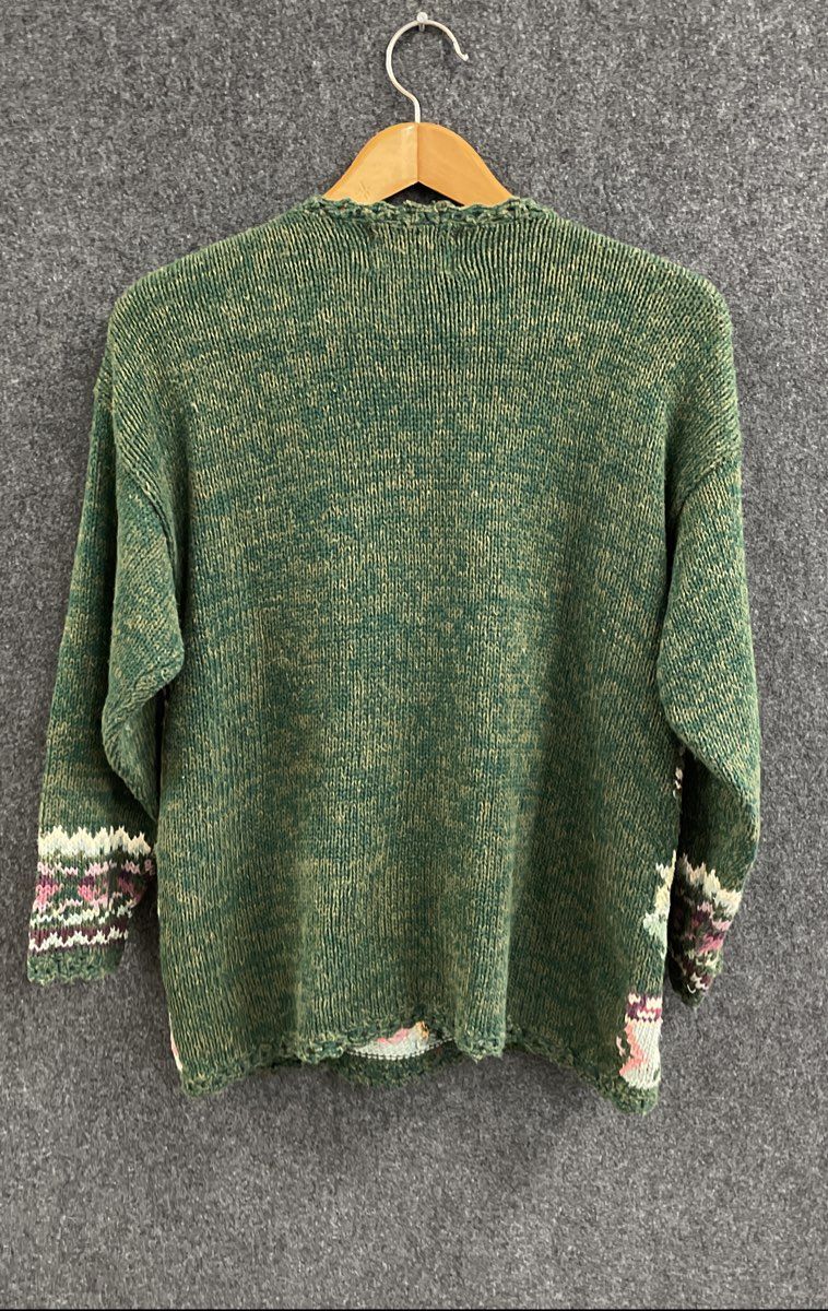 Vintage 90s Tiara Petites Women's Green Floral Knit Ramie Cotton Sweater Sz L