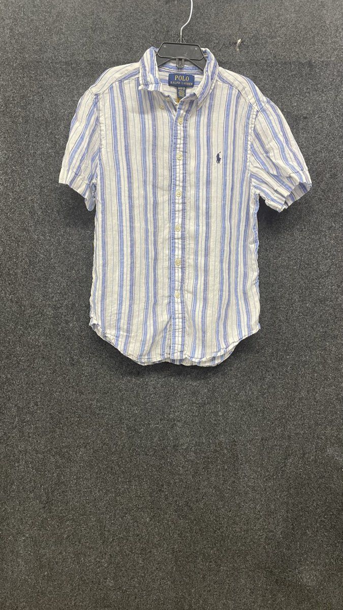 Polo Ralph Lauren Boys Blue White Striped Linen Short Sleeve Shirt Sz M 10-12
