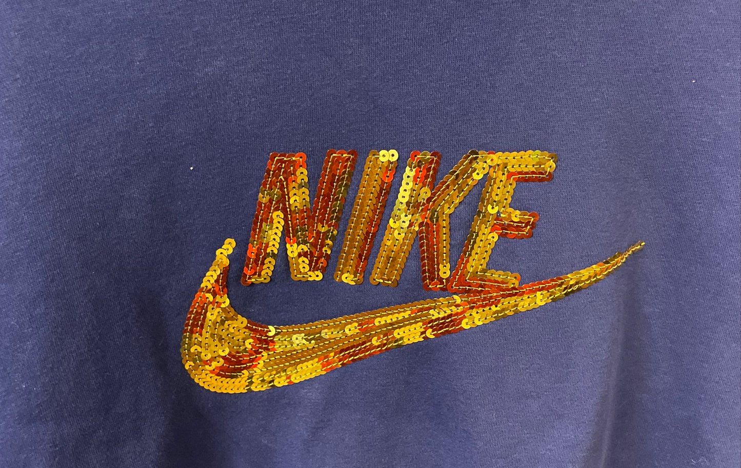 Nike Women's Royal Blue Sequin Logo Crew Neck Sweatshirt White Trim Sz L