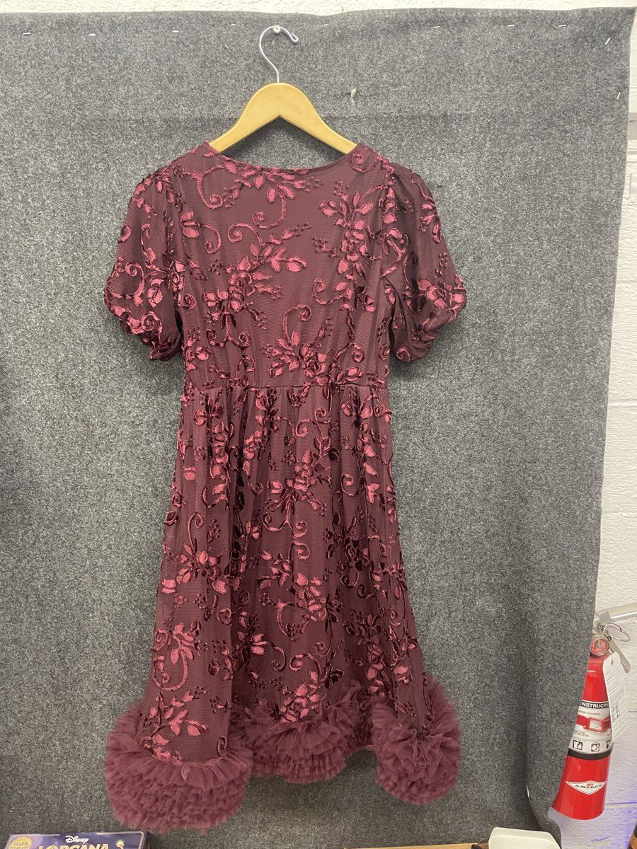 Piper & Scoot Women's Burgundy Floral Embroidered Tulle Ruffle Hem Dress Sz S
