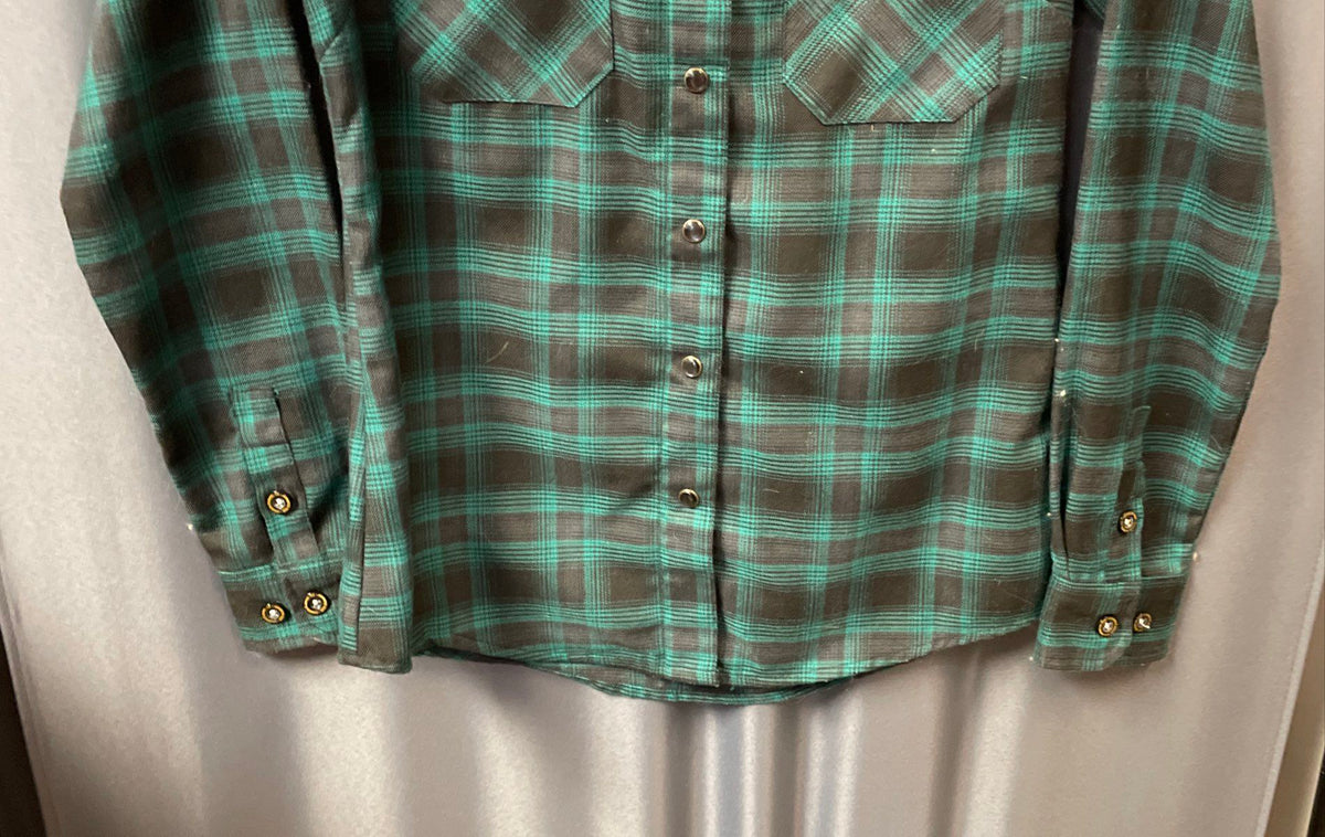 Dixxon Women's McCaffrey Green Black Plaid Flannel Snap Front Shirt Sz S