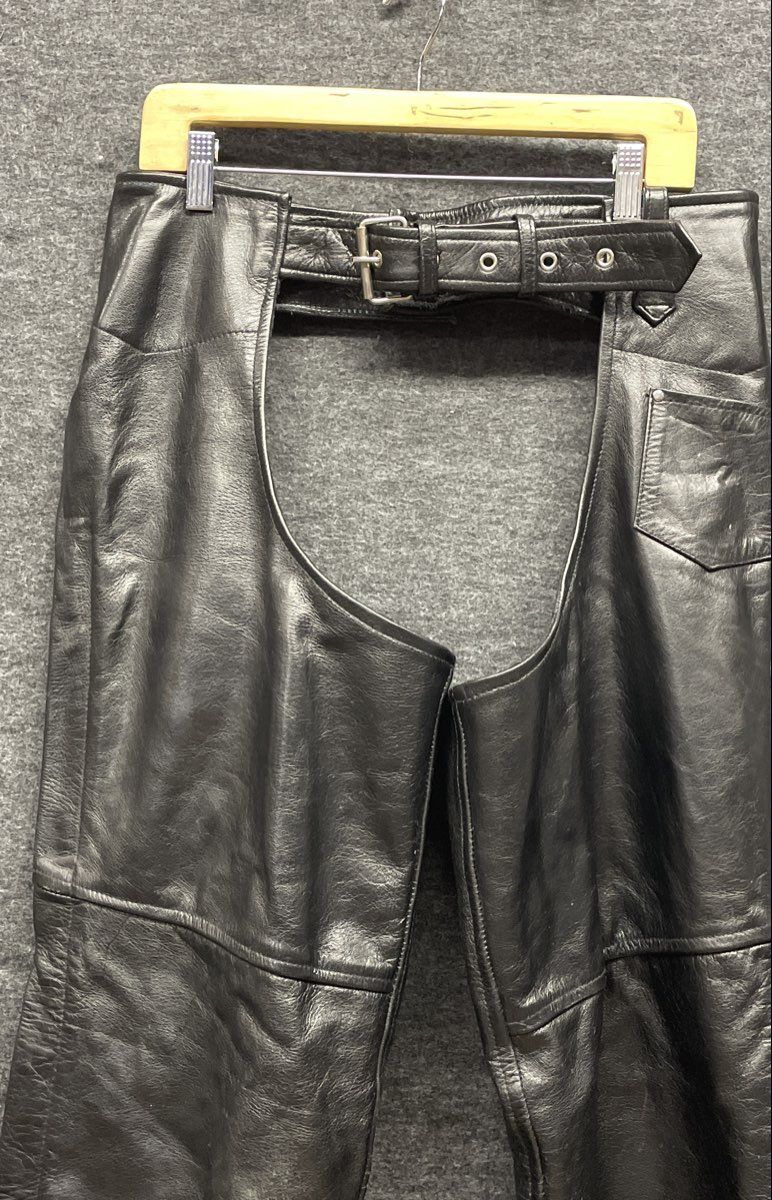 Leather King Men's Black Leather Motorcycle Chaps Belted Zippered Side XL