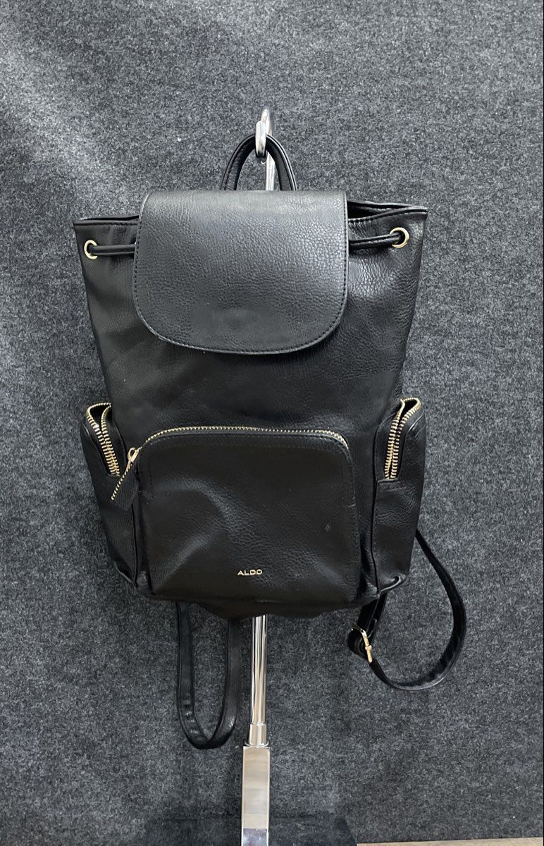 Aldo Black Leather Backpack Gold Hardware Large Pebbled Drawstring Flap