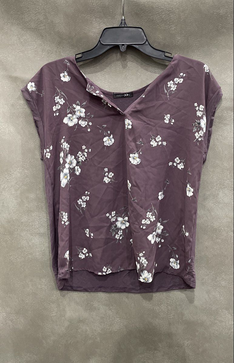 Papermoon Women's Purple Floral Split Neck Cap Sleeve Blouse Top Sz SP