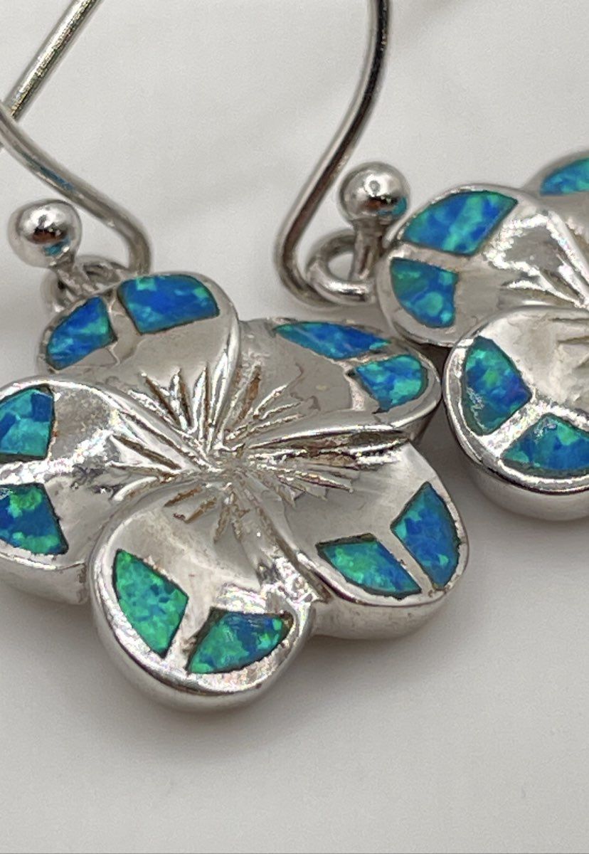925 Sterling Silver Blue Opal Inlay Plumeria Flower Dangle Earrings 6.4g