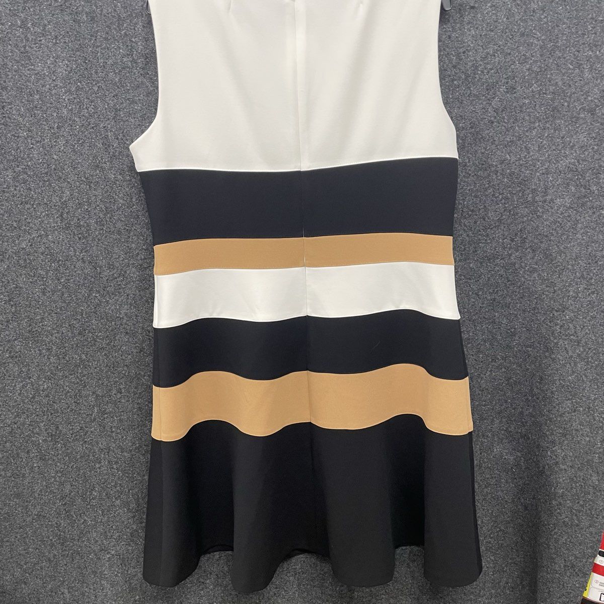 Andrew Marc Women's Dress Black White Tan Colorblock Striped Sleeveless Sz 16