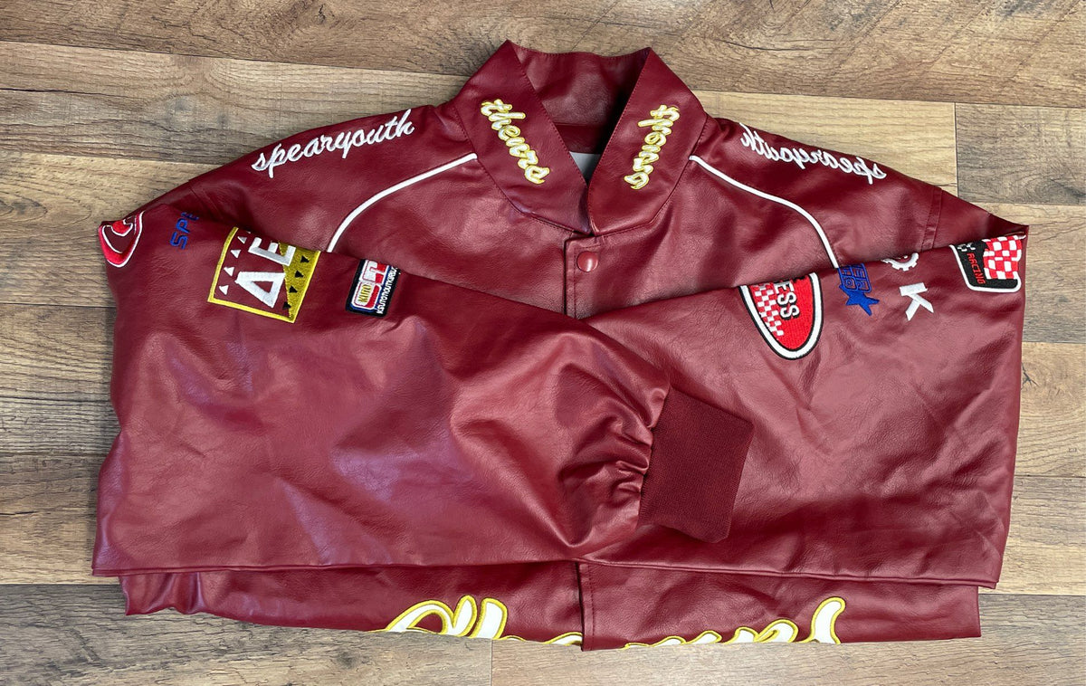 Elfric Eden Men's Faux Leather Varsity Racing Jacket Burgundy Patch NWT Sz XS