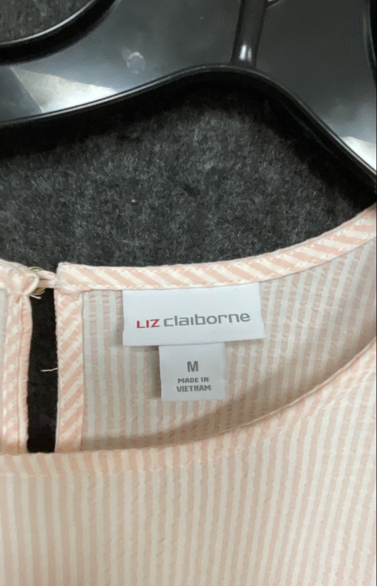 Liz Claiborne Women's Pink White Striped Seersucker Puff Sleeve Blouse Sz M NWT