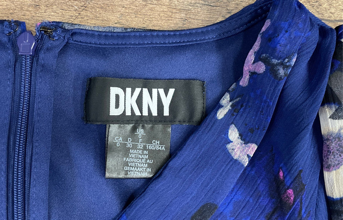 DKNY Women's Blue Floral V-Neck Tie Waist Flutter Sleeve Dress Sz 0