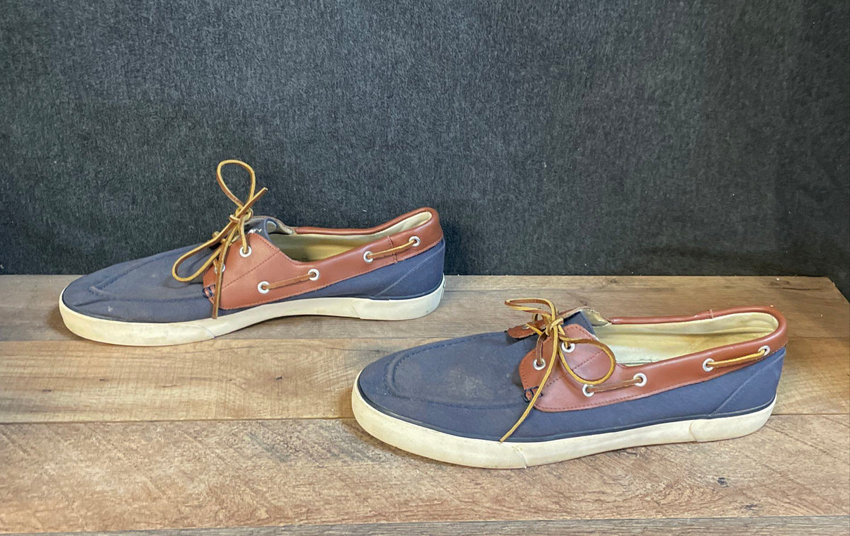 Polo Ralph Lauren Rylander Navy Blue Brown Canvas Boat Shoes Size 14D