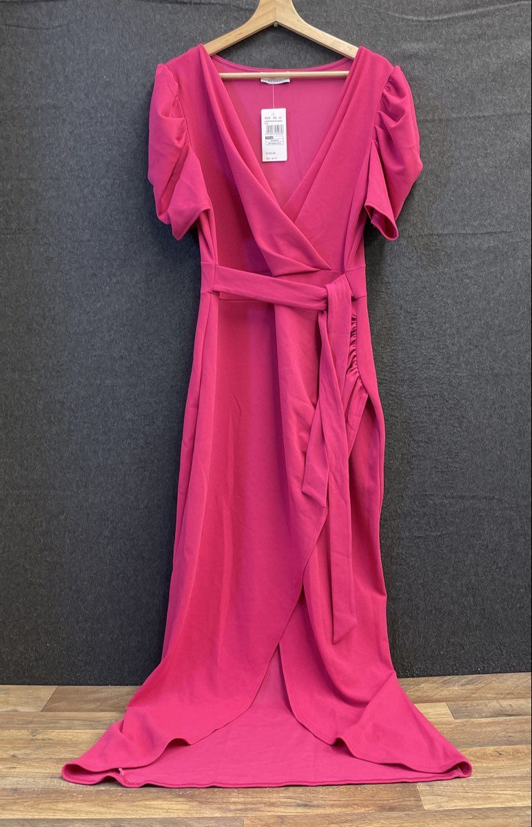 Quiz Women's Pink Scuba Crepe Puff Sleeve Wrap Front Maxi Dress Sz 12 NWT