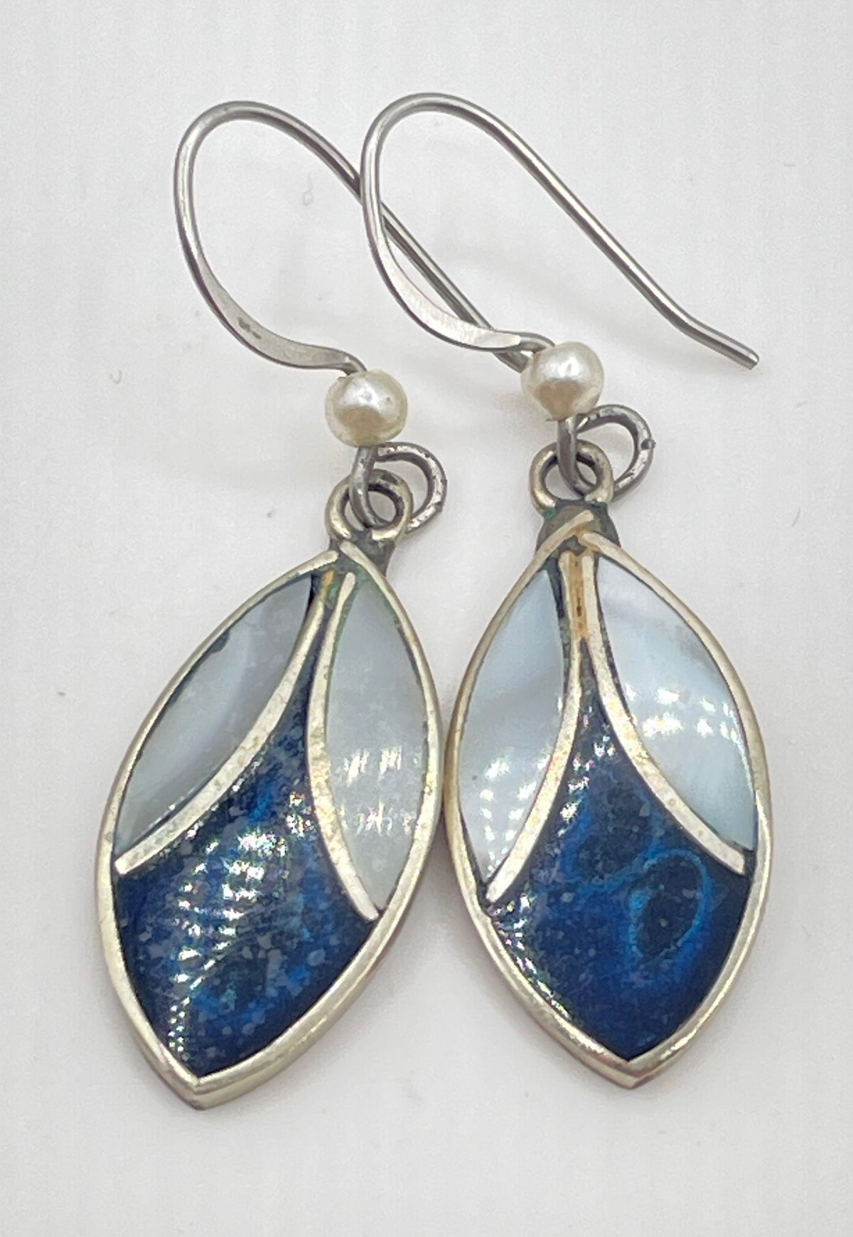 Alpaca Silver MOP Lapis Lazuli Inlay Pearl Accent Earrings Mexico Marked 2.8g