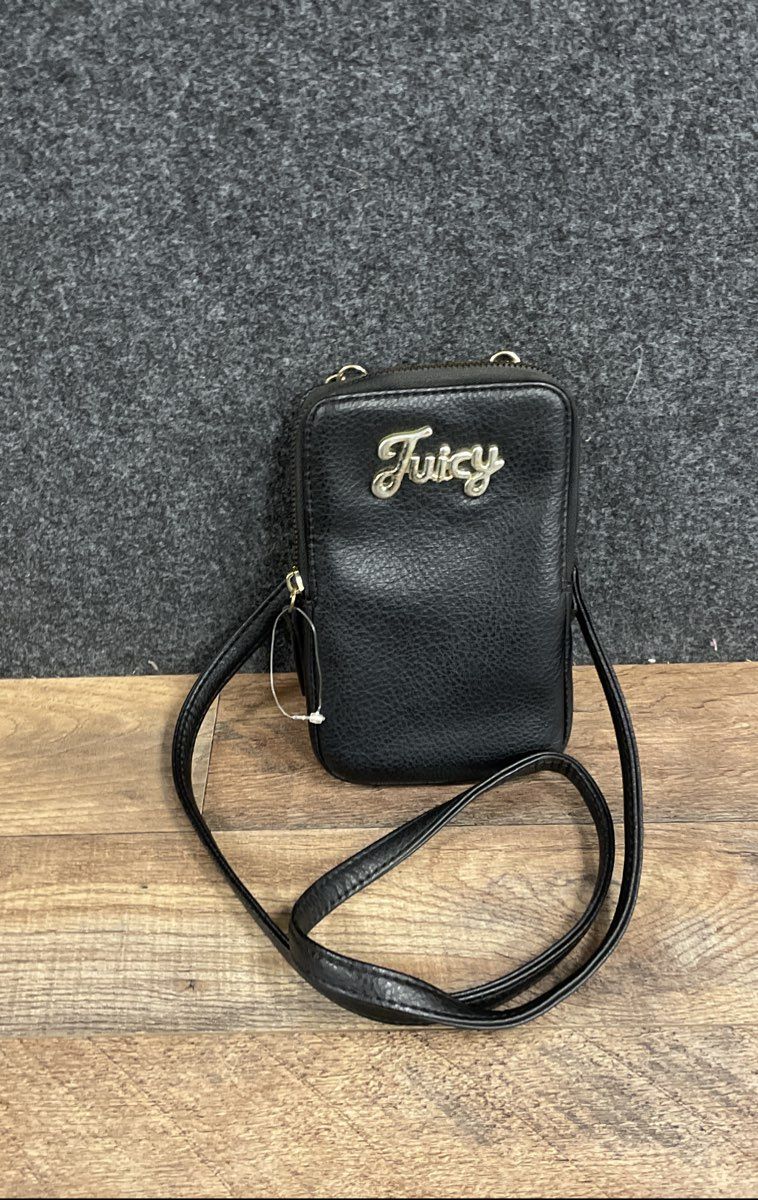 Juicy Couture Black Pebbled Faux Leather Cellie Crossbody Phone Bag Gold Tone
