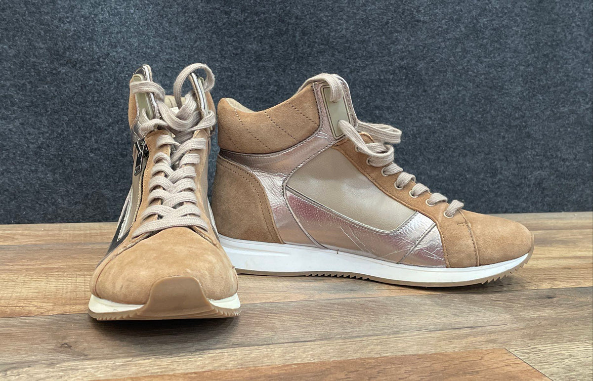 Aldo Women's Brown Suede Champagne Metallic Side Zip High Top Sneakers Size 8